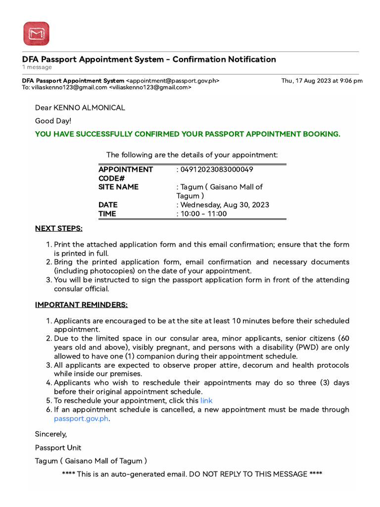 Gmail dfa passport appointment system confirmation notification pdf