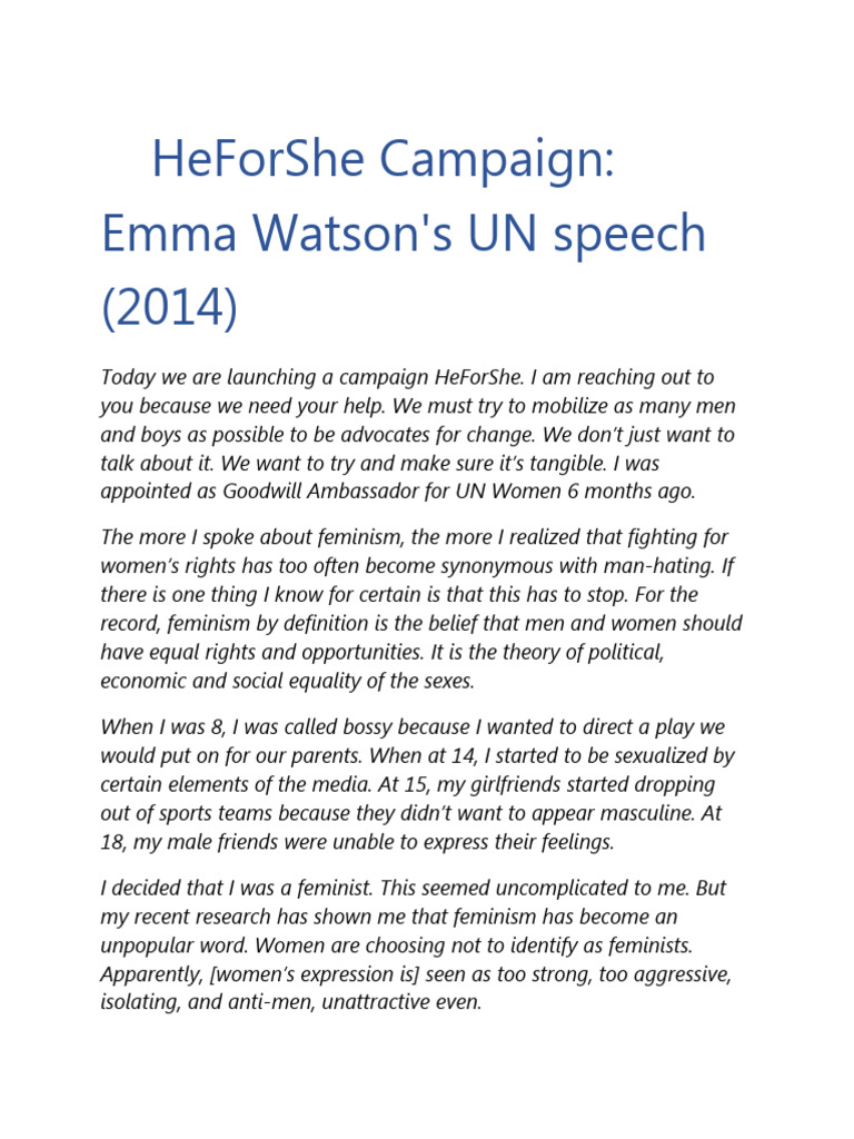 Emma Watson Speech | PDF | Gender Studies | Feminism