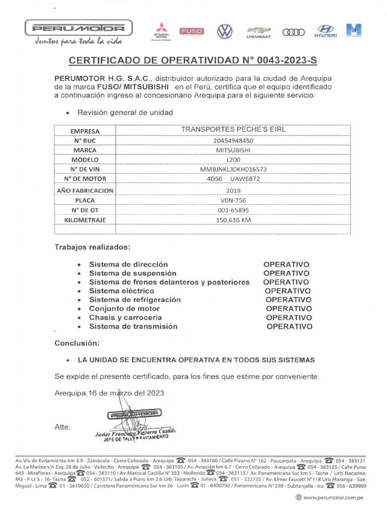 Certificado de Operatividad V0N-756 | PDF