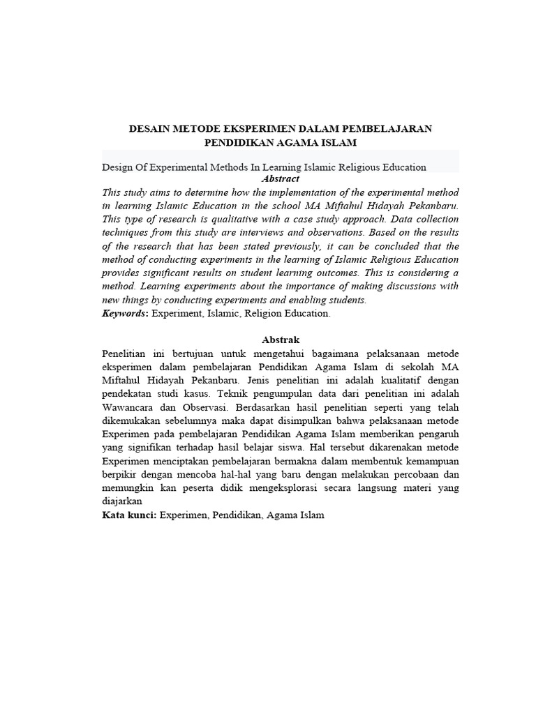 Design of Experimental Methods in Learning Islamic Religious Education ...