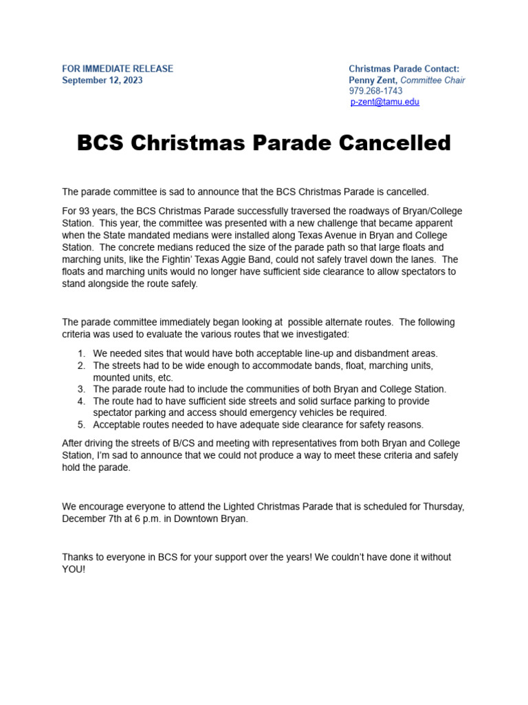 BCS Christmas Parade Canceled News Release PDF