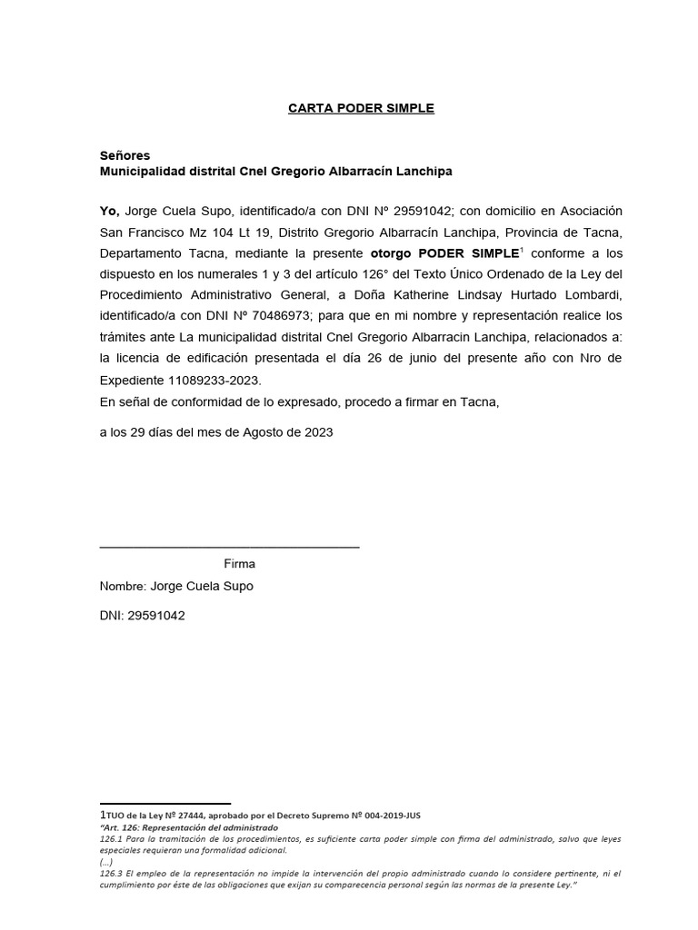 Formato de Carta Poder Simple | PDF
