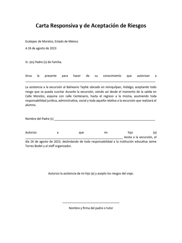 Carta Responsiva y de Aceptación de Riesgos 6o-1 | PDF