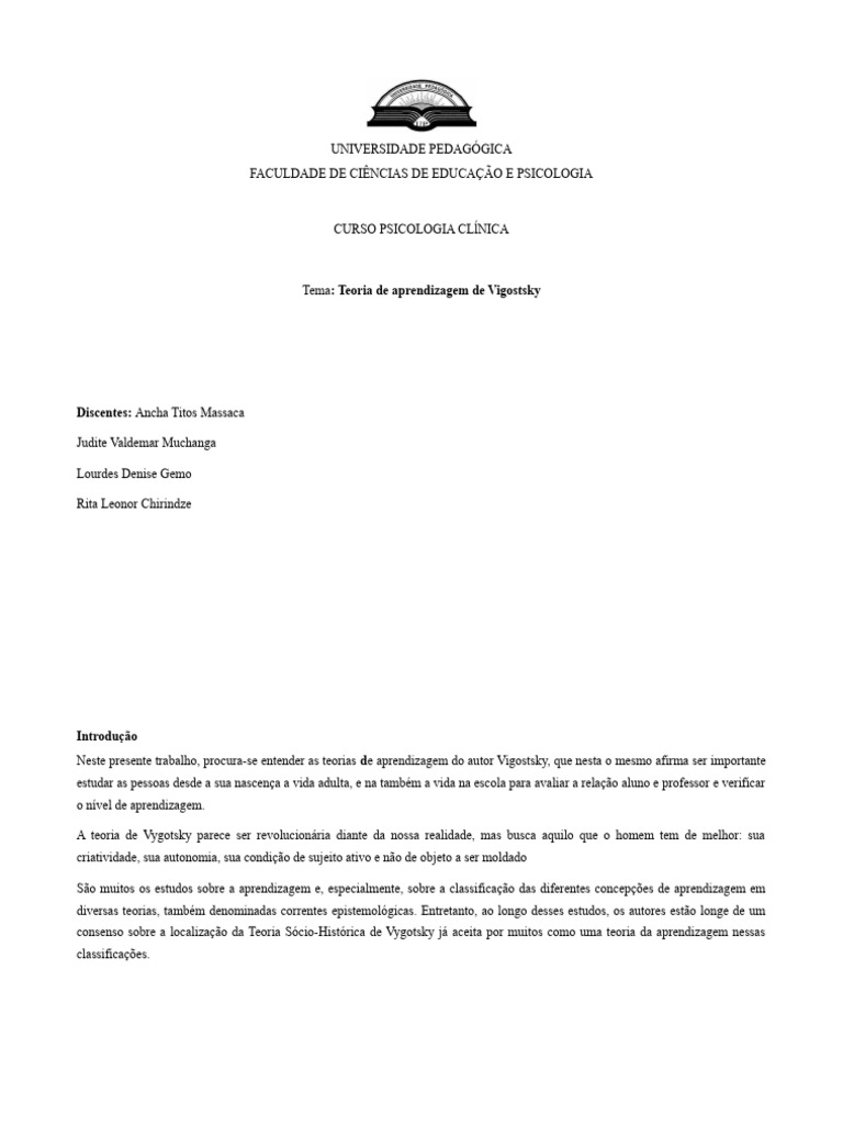 Teoria de Aprendizagem de Vygotsky | PDF | Aprendizado | Psicologia