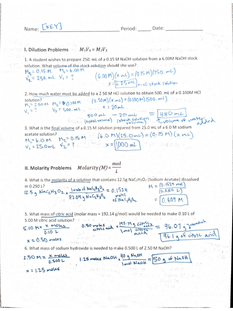 Dilutions Worksheet Key For Chemistry PDF