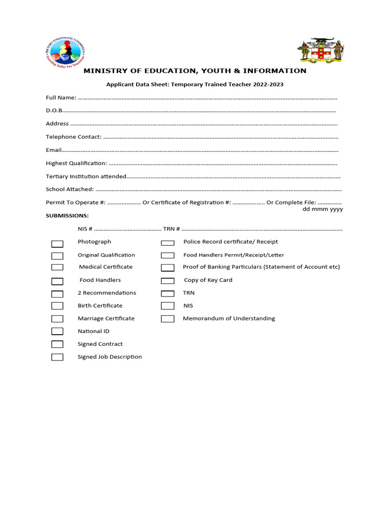 Temporary Trained Teacher Application Form | PDF | Finance & Money ...