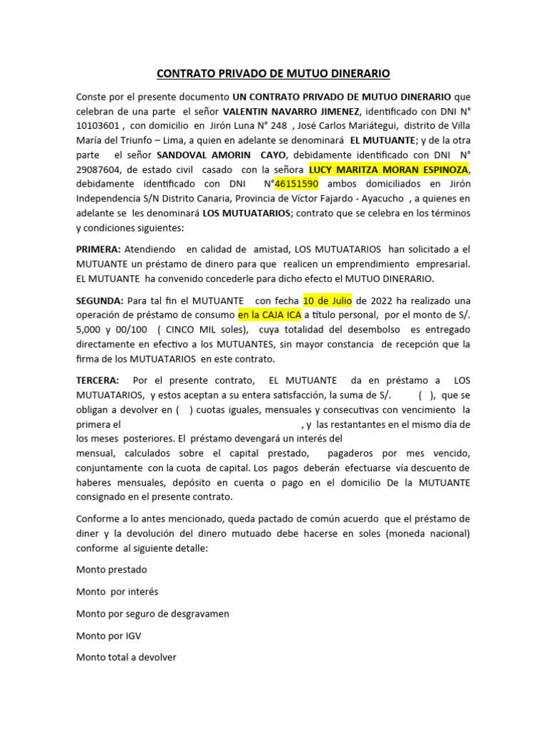 Contrato Privado de Mutuo | Descargar gratis PDF | Interés