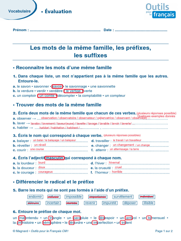 Mots De La Même Famille Que Hiver Correction Évaluation Familles de Mots Préfixes Suffixes | PDF