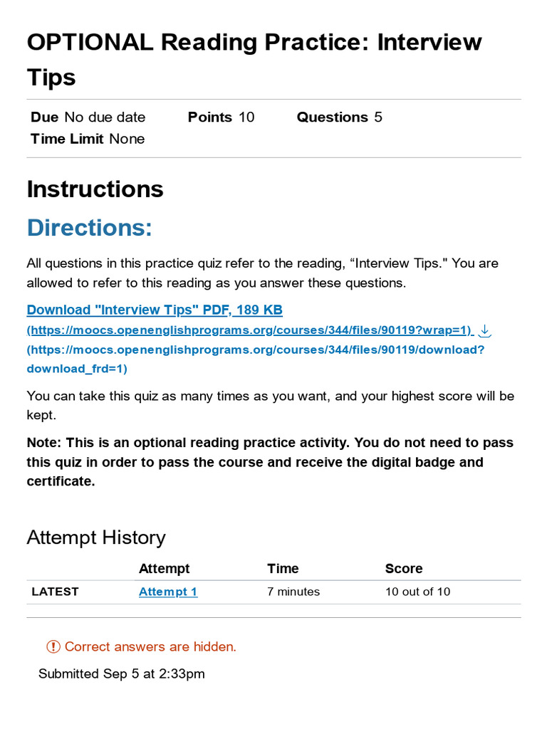OPTIONAL Reading Practice - Interview Tips - English For Career ...