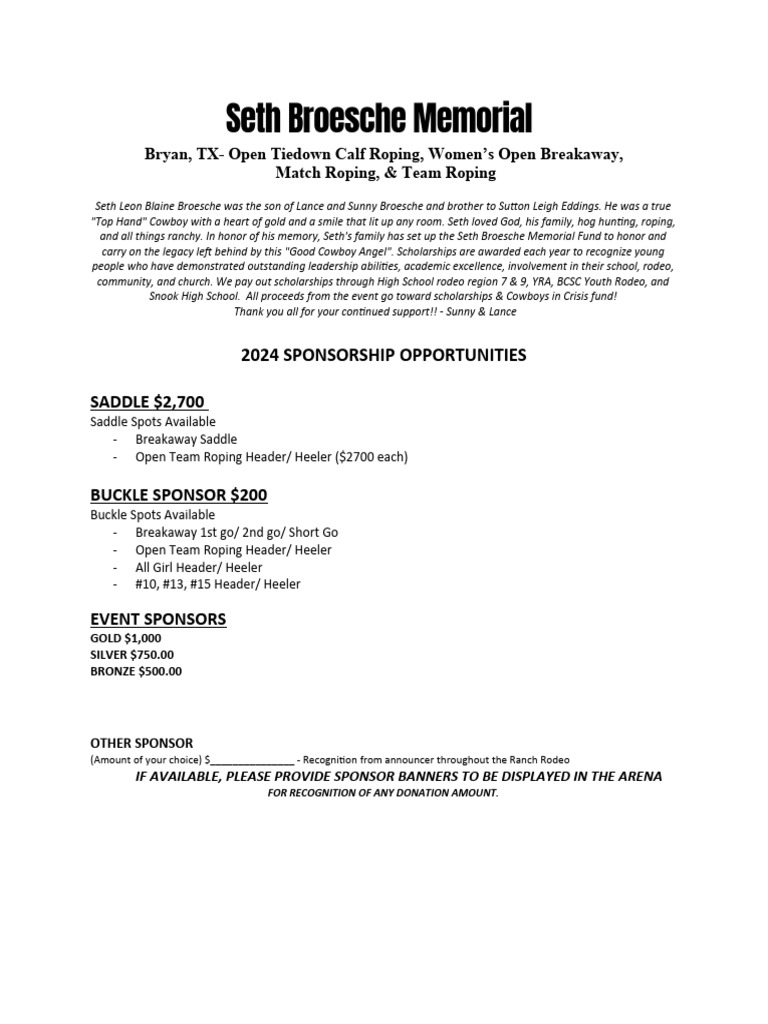Seth Broesche Memorial Sponsorship Form | PDF | Rodeo | Equestrian Sports