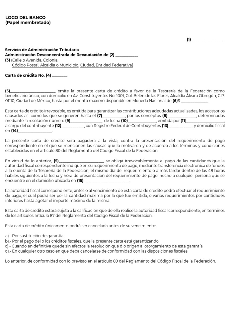 Carta de Crédito Fiscal Irrevocable | PDF | Carta de crédito | Bancos