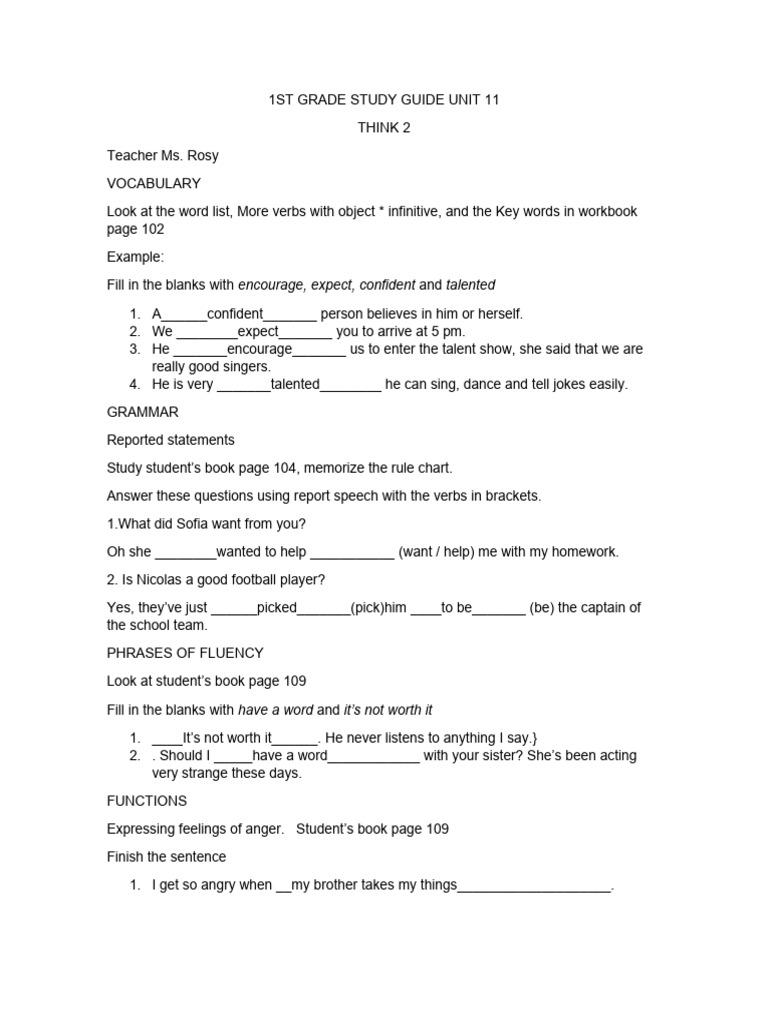 1ST Grade Study Guide Unit 11 PDF