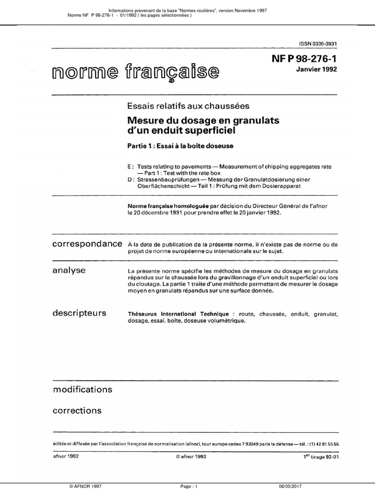 Norme NF P 98-276-1 : Enduit Superficiel | PDF | Technologie et ingénierie