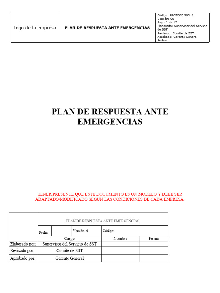 Modelo Plan de Respuesta Ante Emergencia y Contingencias 2023 | PDF ...