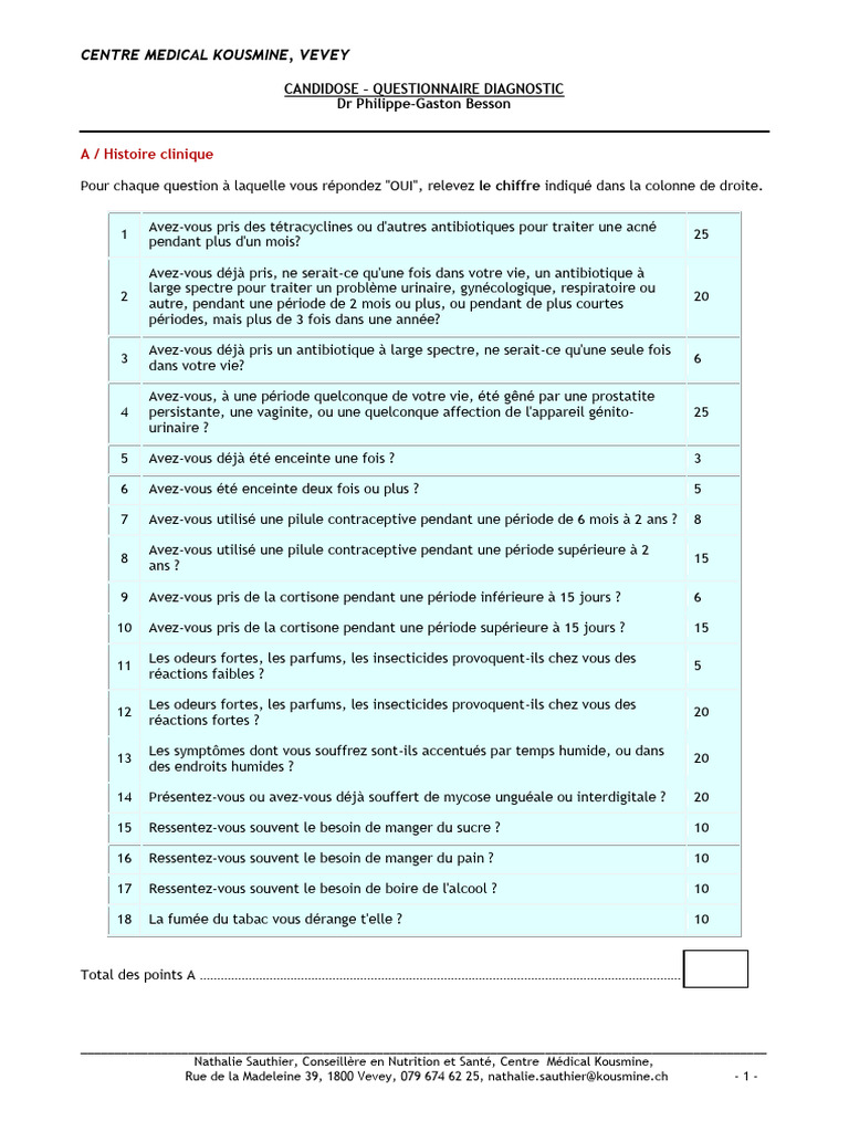 Questionnaire Diagnostic Candidose Vevey | PDF | Médecine | Santé publique