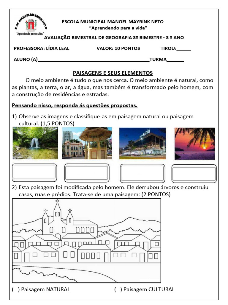 Avaliação de Geografia: Paisagens 3º Ano | PDF