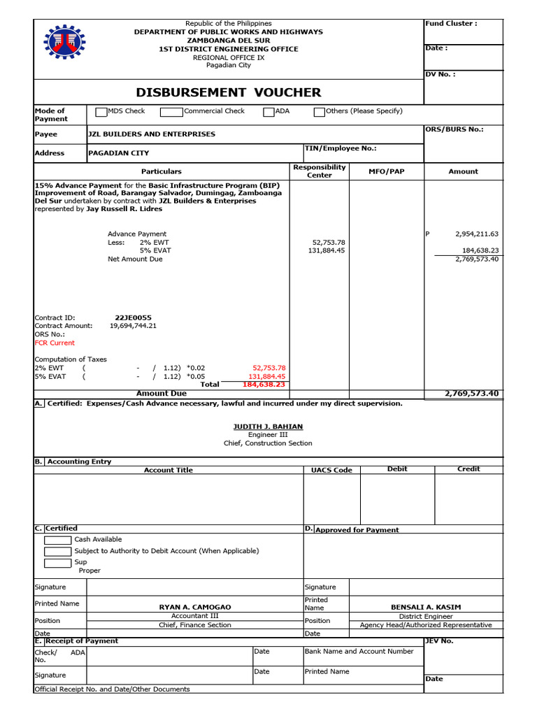 Disbursement Voucher for Barangay Project | PDF | Cheque | Payments