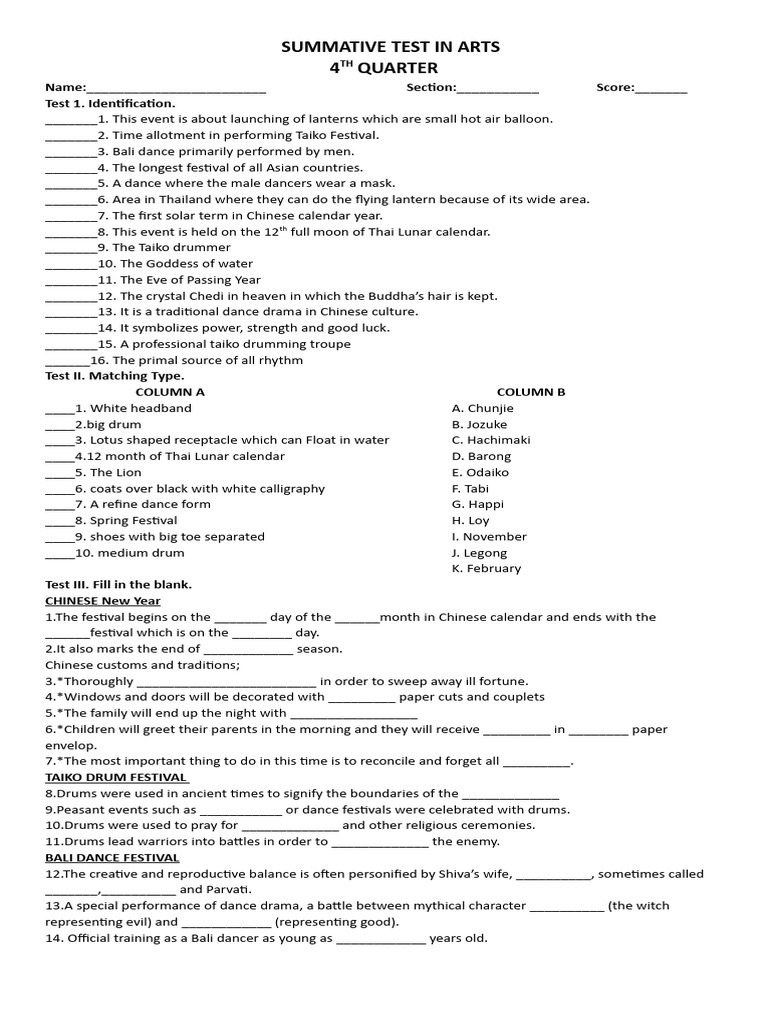 4th Quarter Arts Summative Test | PDF | Dances