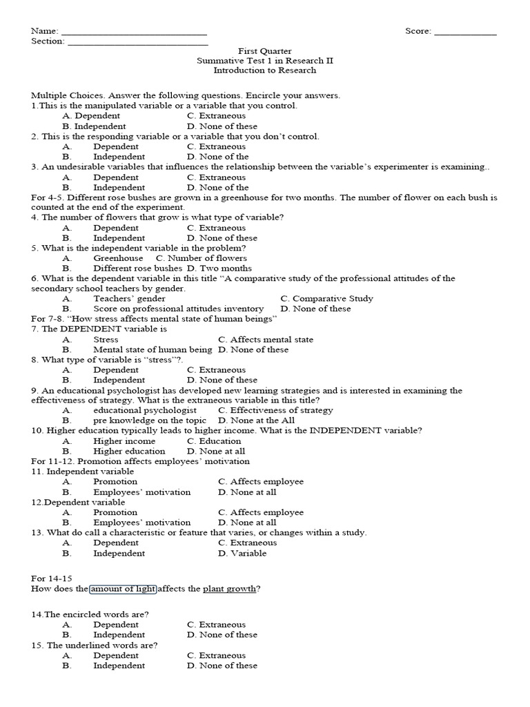 Research II Summative Test Questions | PDF | Scientific Method ...