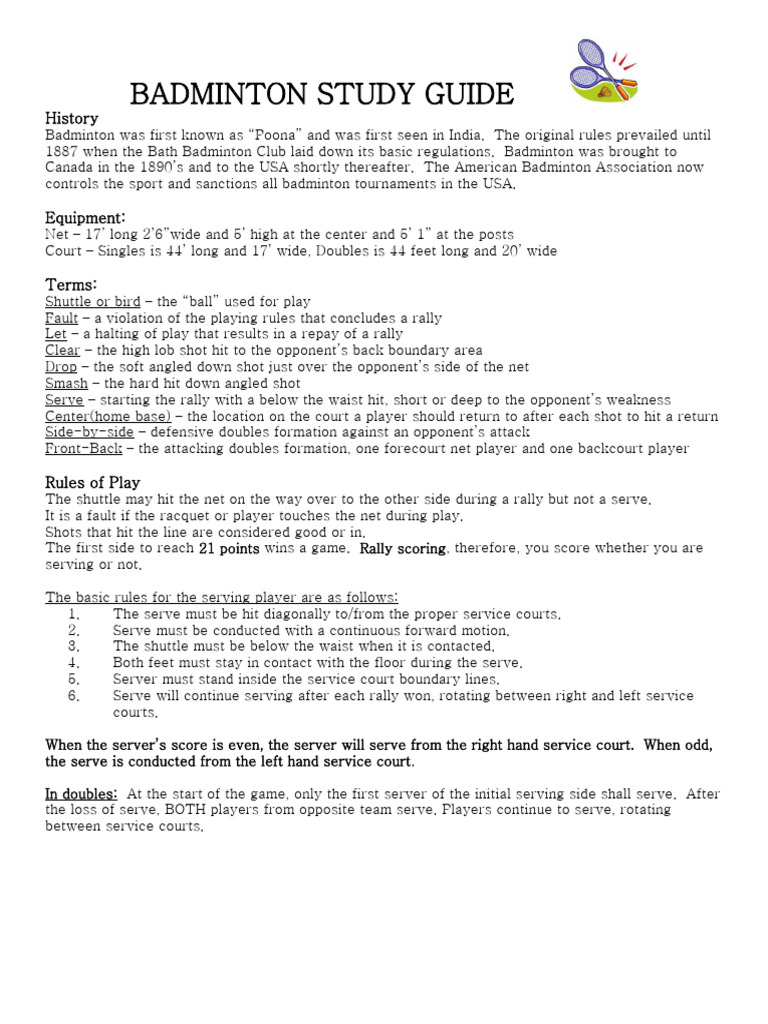 Badminton Study Guide PDF Indoor Sports Entertainment
