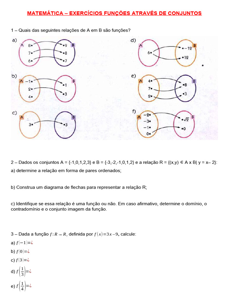 Exercícios sobre Funções e Conjuntos | PDF