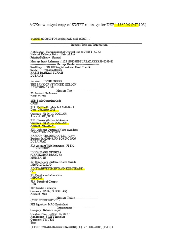 SWIFT Copy of Payment Transaction | PDF