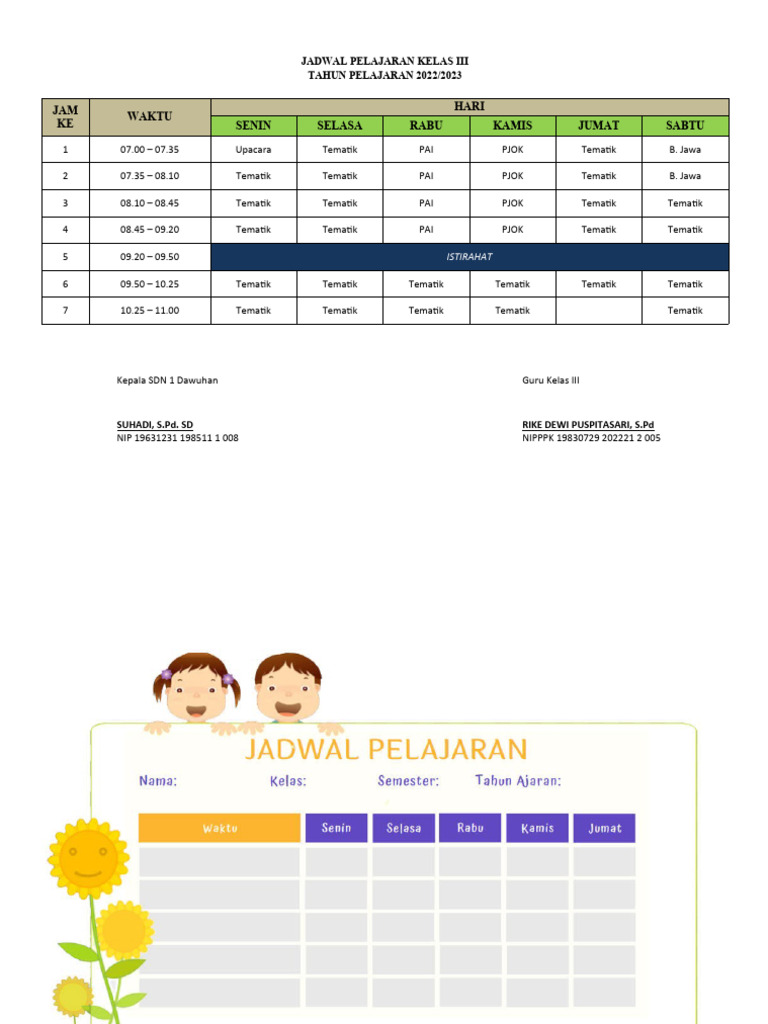 Jadwal Pelajaran Kelas 3 | PDF