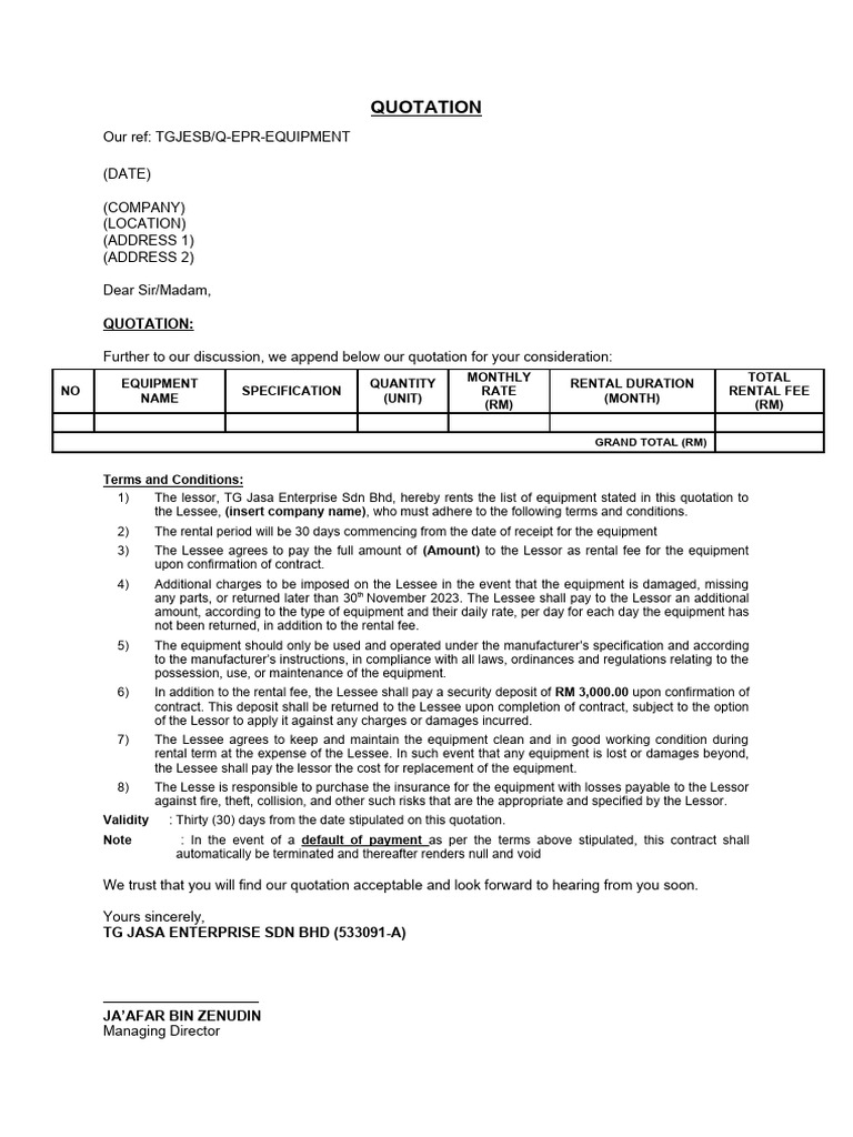 Rental Quotation (Template) | PDF | Lease | Justice