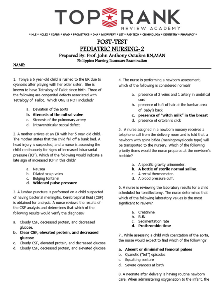 Pediatric Nursing Post-Test Review | PDF | Cerebrospinal Fluid | Infants
