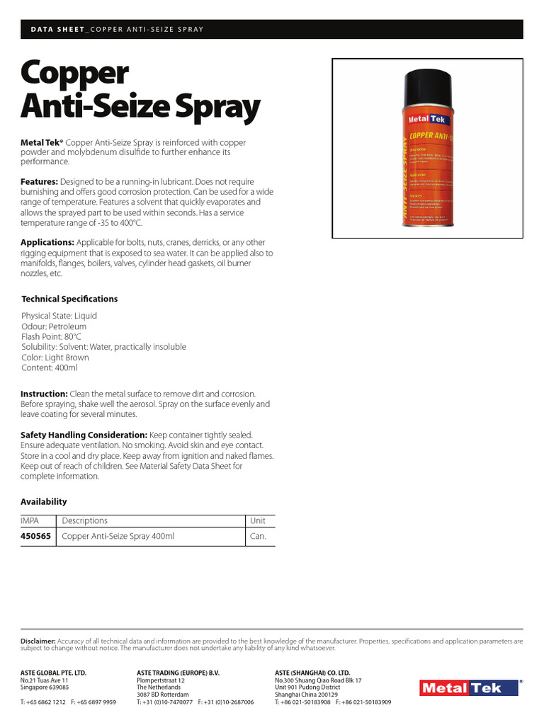 Metal-Tek Copper Anti-Seize Spray - TDS (2021) | PDF