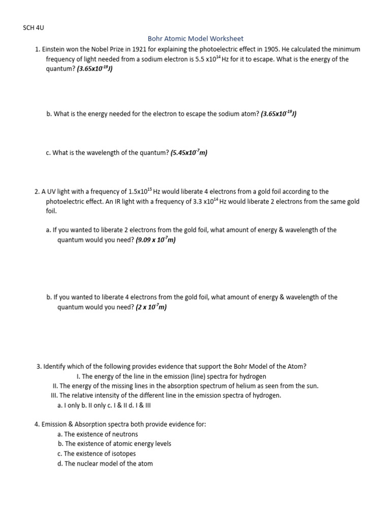 Bohr Model Worksheet and Concepts | PDF | Emission Spectrum | Atoms