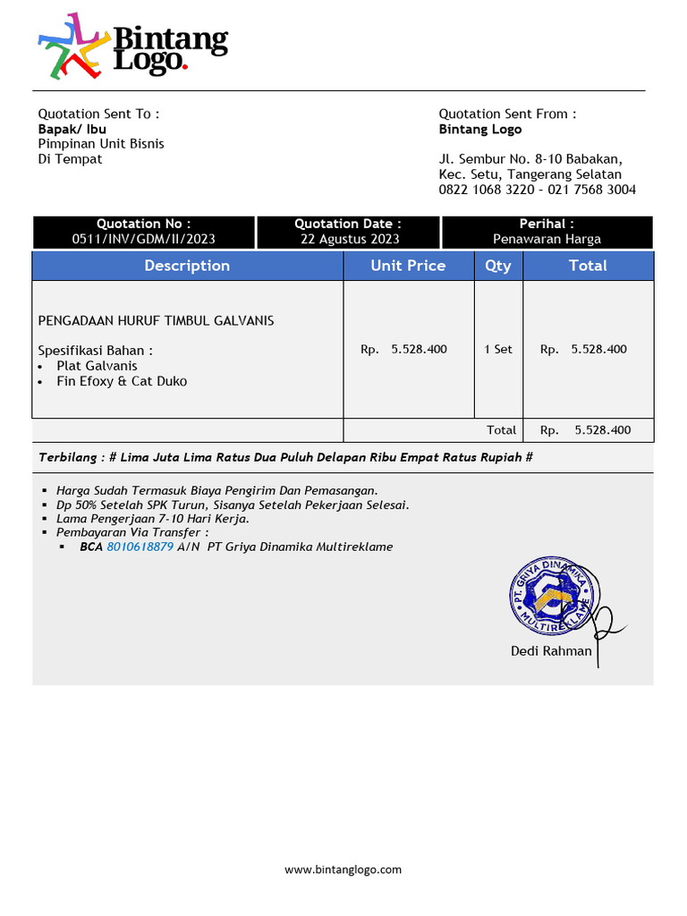 Signage Quotation From Bintang Logo With GALVANIS PDF