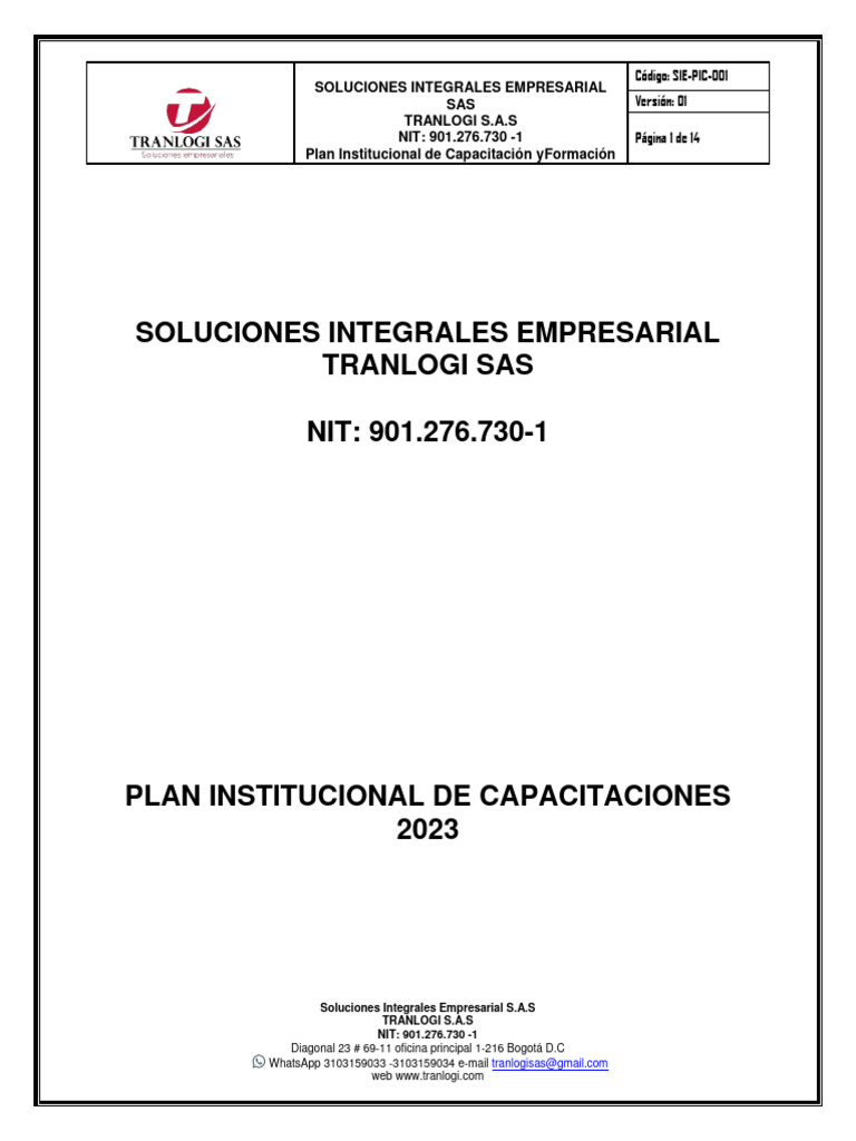 Plan de Capacitación 2023 - TRANLOGI S.A.S | PDF | Aprendizaje ...