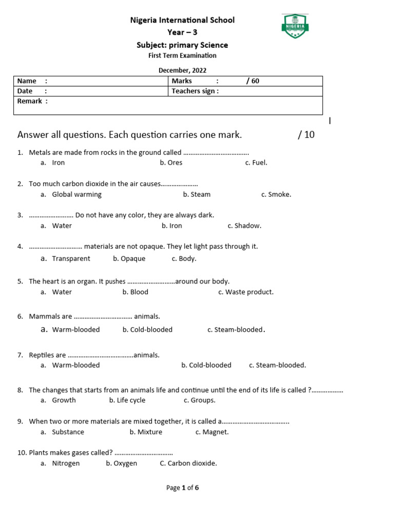 Science Exam | PDF | Plants | Water