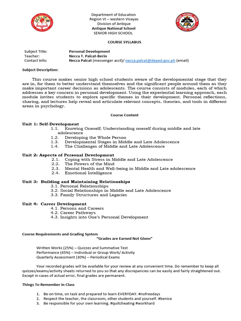 SHS Course Syllabus PerDev PDF Adolescence Mental Health