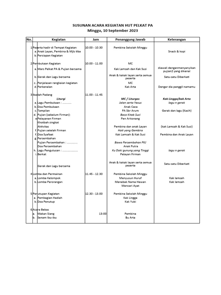 Acara HUT Pelkat PA 2023: Jadwal & Kegiatan | PDF