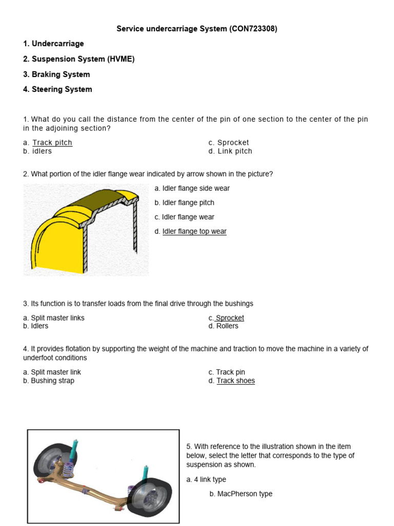 Undercarriage 10 Item Quiz (Steering Suspension Braking Undercarriage