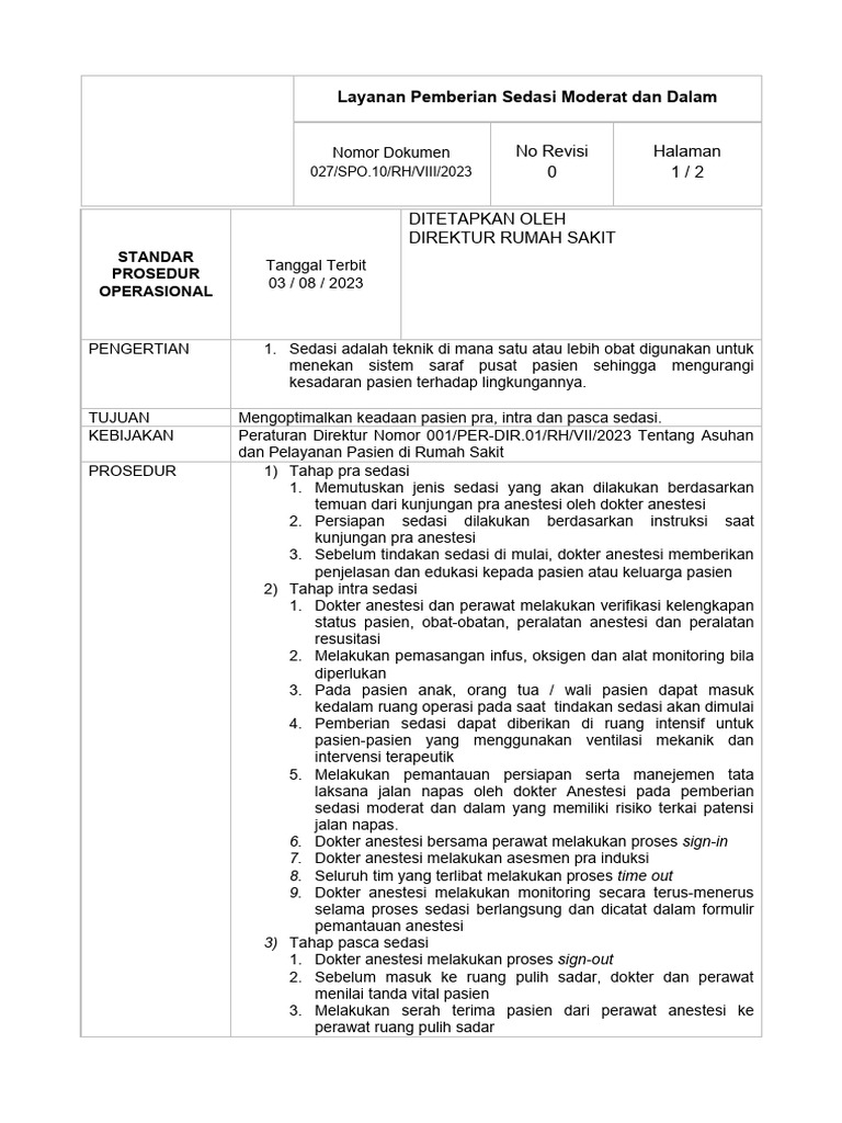 SPO Layanan Sedasi Moderat Dan Dalam | PDF | Pengembangan Diri