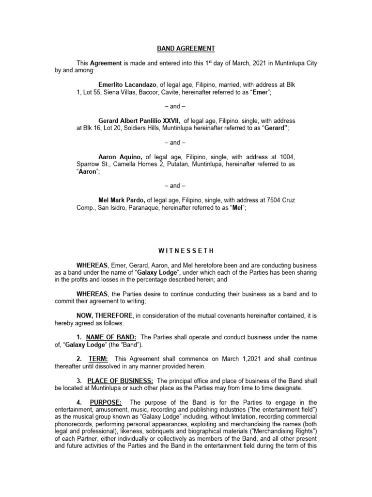 Band Agreement - 2021 (2) .Docx - 1 | PDF | Debt | Indemnity