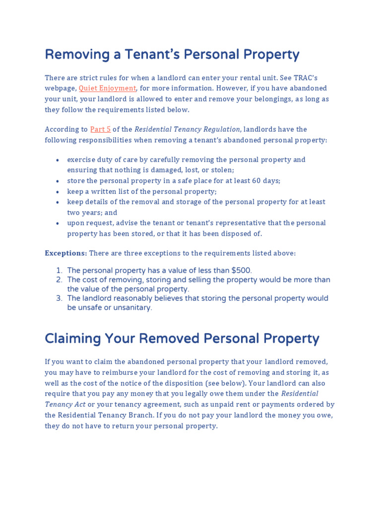 Tenant Property Removal Guidelines | PDF | Leasehold Estate | Landlord