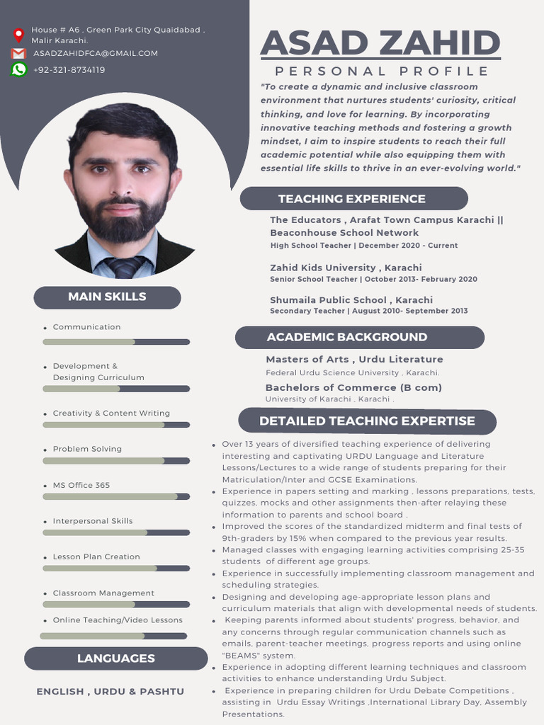 Urdu Teacher CV for Pakistani Schools | PDF | Teachers | Lesson Plan
