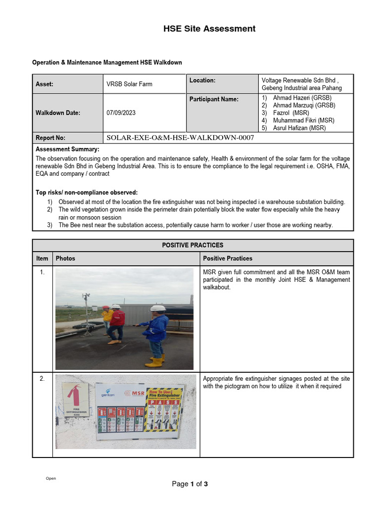 VRSB Solar Farm HSE Walkdown Report | PDF | Safety