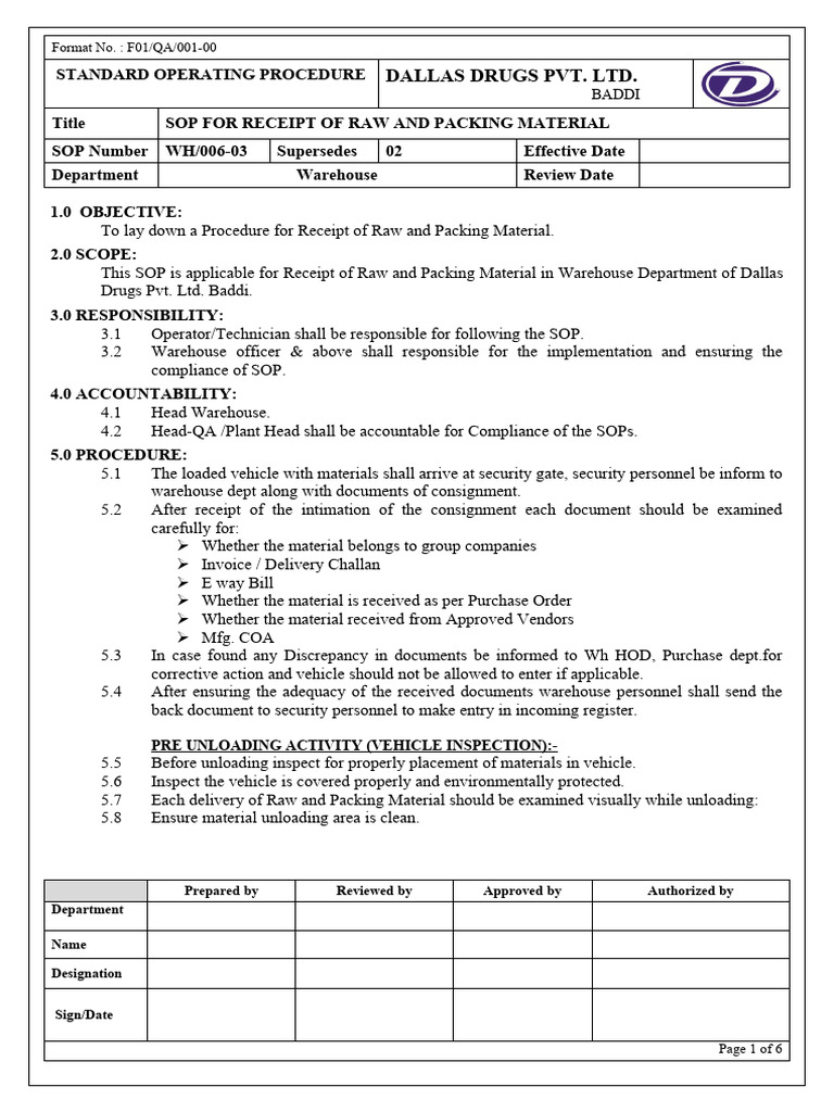 WH00602 Sop For Receipt of Raw and Packing Material PDF Packaging