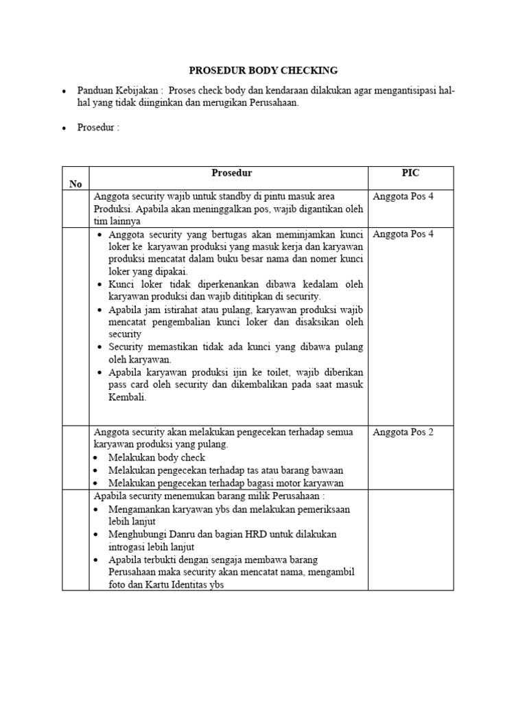 Prosedur Body Checking Karyawan | PDF