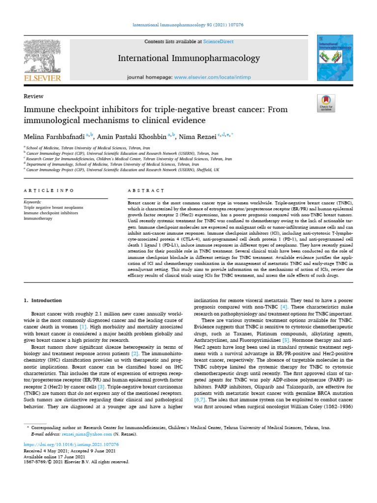 Immune Checkpoint Inhibitors in TNBC | PDF | T Cell | Cancer