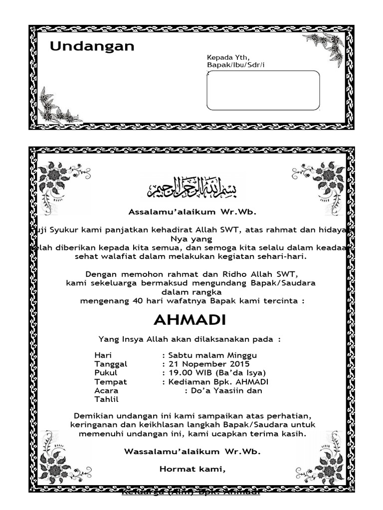 Contoh Surat Undangan Tahlil 40 100 1000 Hari Hauldoc | PDF