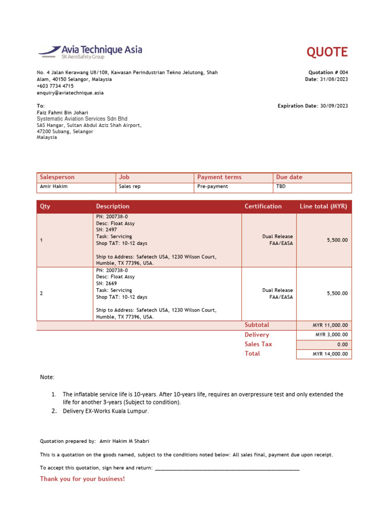 Aviation Services Quotation #004 | PDF