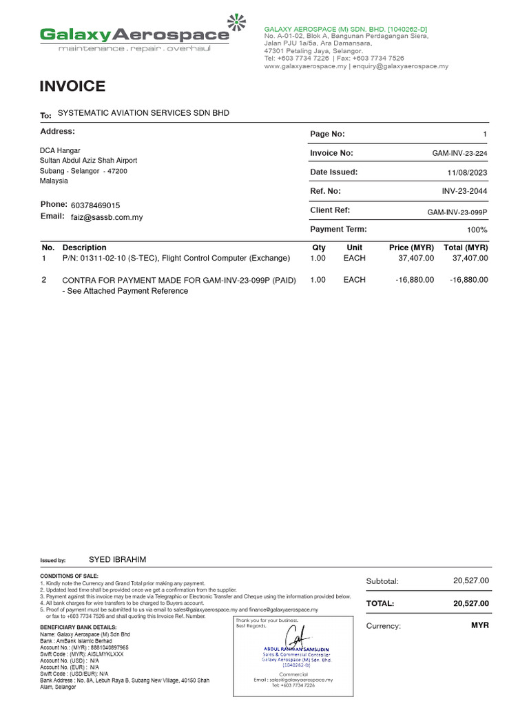 Galaxy Aerospace Invoice Details | PDF | Money | Payments