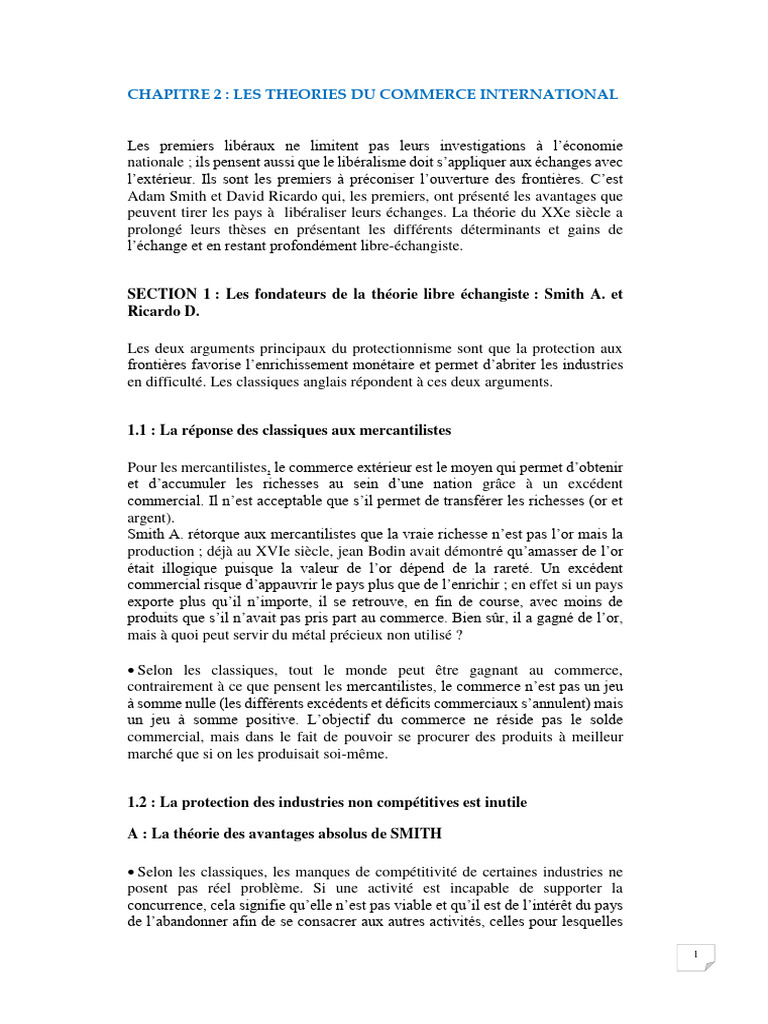 Chapitre 2 Les Théories Du Commerce International Pdf Avantage
