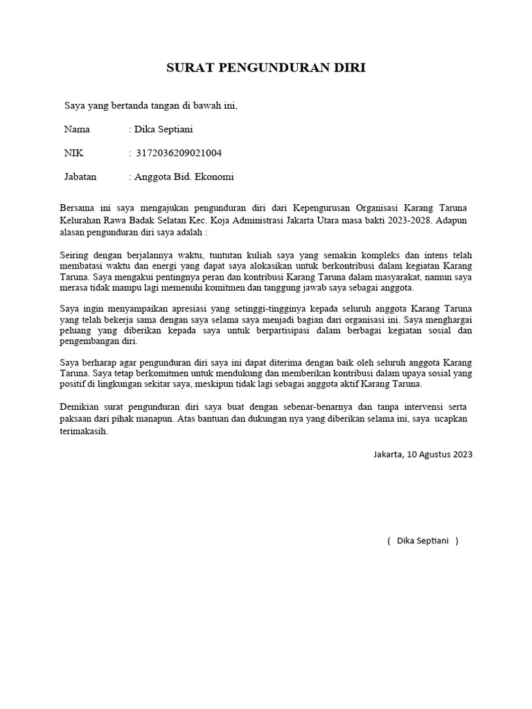 Surat Pengunduran Diri (Karang Taruna) | PDF